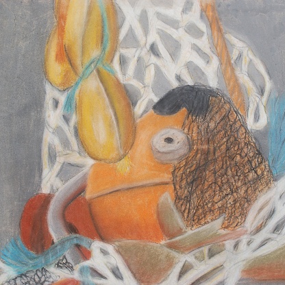 Pastel Chalk Drawing of an abstract close-up Boatyard with Bouys and Fishing Nets.