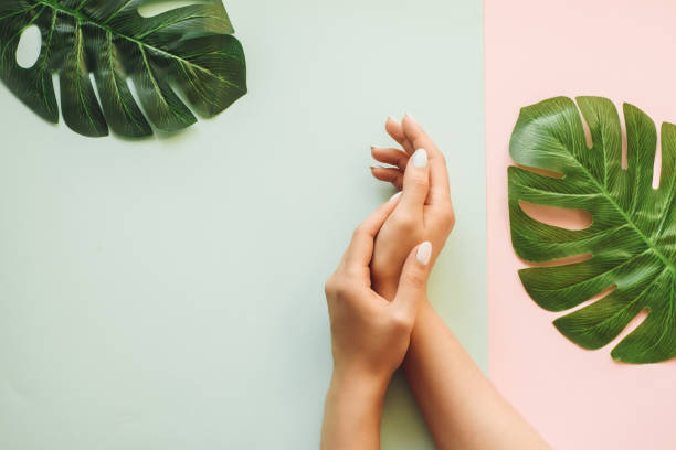 야자수 잎과 파란색과 분홍색 배경에 파스텔 매니큐어. 여성의 손으로 열대 배경 - 매니큐어 화장품 뉴스 사진 이미지