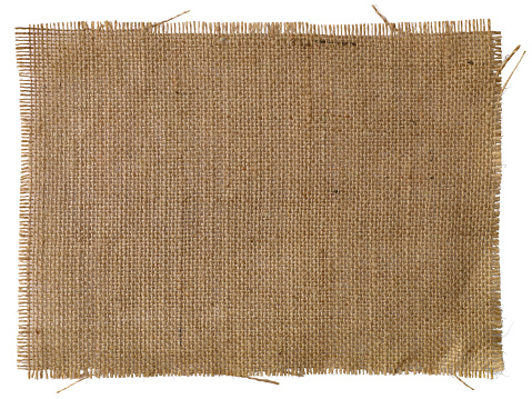 A patch of natural burlap fabric background, isolated on white, clipping path included.