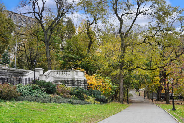 Path through Riverside Park, a long narrow park on the upper west side of Manhattan along the Hudson River stock photo