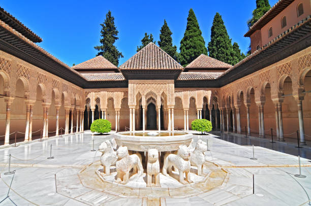 Patio de los Leones (Patio of the Lions) in the Palacios Nazaries, The Alhambra, Granada, Andalucia, Spain. stock photo