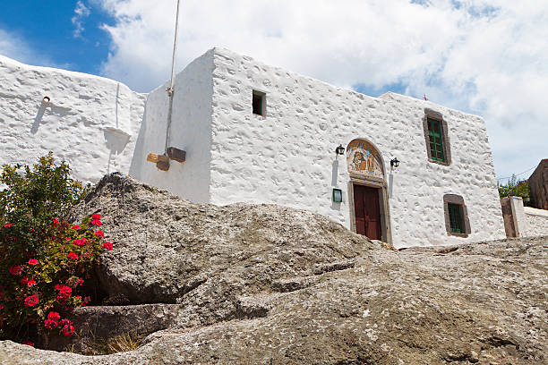 Patmos island in Greece. The "Apocalypse Cave" monastery stock photo