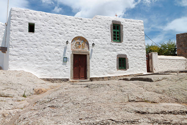 Patmos island in Greece. The "Apocalypse Cave" monastery stock photo
