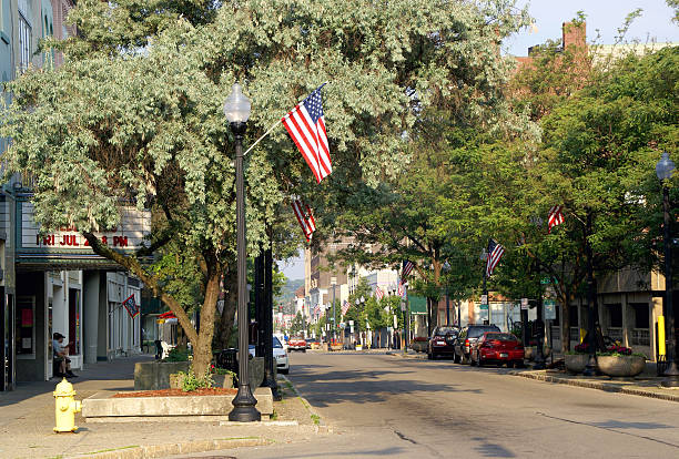 Patriotic Town Anytown USA (Jamestown, NY) dressed in its patriotic best         small town america stock pictures, royalty-free photos & images