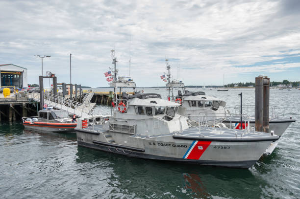 Patrol boats moored  at U.S. Coast Guard Station Southwest Harbor stock photo