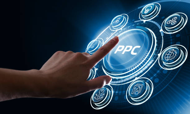 Pay per click payment technology digital marketing internet concept of virtual screen. PPC stock photo