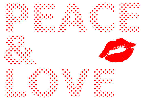 Peace and love written in red dot and kiss stock photo