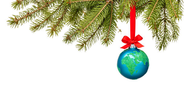Peace on Earth Globe christmas ball ornament isolated on white. stock photo
