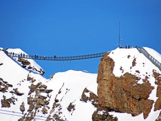 Peak walk on the Suspension bridge between two mountain peaks (Glacier 3000) or Peak walk sur le pont suspendu, Les Diablerets - Canton of Vaud, Switzerland (Schweiz / Suisse) stock photo
