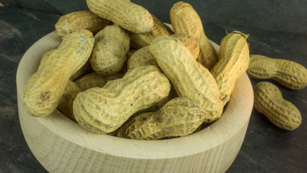 peanuts in a wooden bowl - pea protein powder isolated bildbanksfoton och bilder