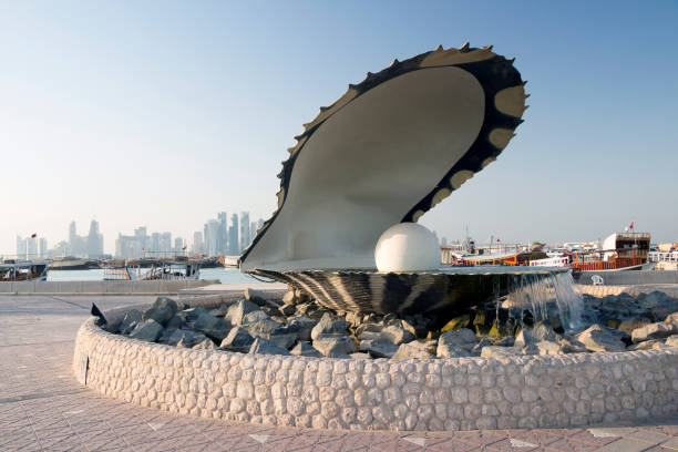 Pearl monument and fountain at Corniche. Doha, Qatar stock photo