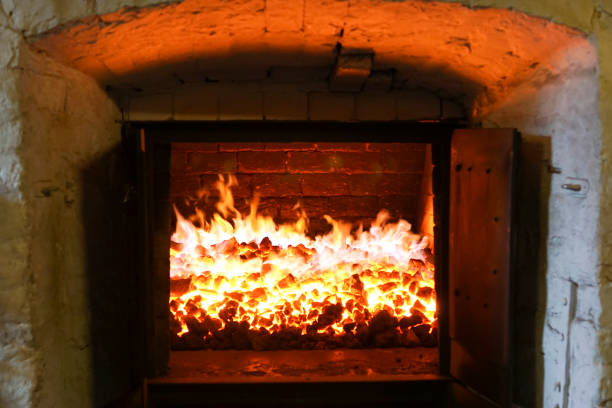 A peat fire in a distillery kiln stock photo