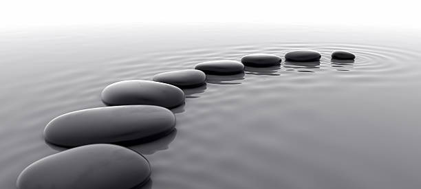 Pebbles in Water I Studio-like royalty free 3d rendering of a row of shiny black pebbles. buddhism stock pictures, royalty-free photos & images
