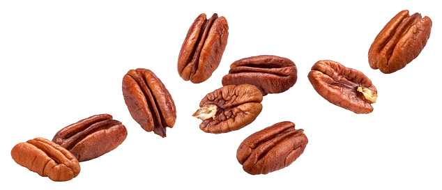 Falling pecan nuts isolated on white background with clipping path