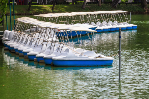 Pedal Boats locked at Peaceful Lake Marina, Recreation Equipment.