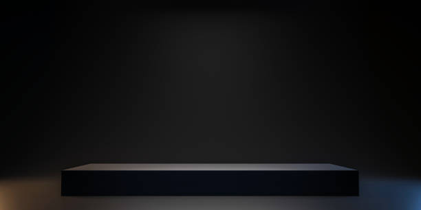 어두운 방 배경에 검은 스탠드 연단 플랫폼 디스플레이의 받침대. 빈 전시 또는 빈 제품 선반. 3d 렌더링. - 상 뉴스 사진 이미지