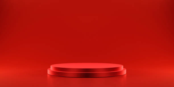 piedestal av plattform display med modern stand podium på röda rummet bakgrund. tom utställnings scen bakgrund eller tom produkthylla. 3d-rendering. - winners stand bildbanksfoton och bilder