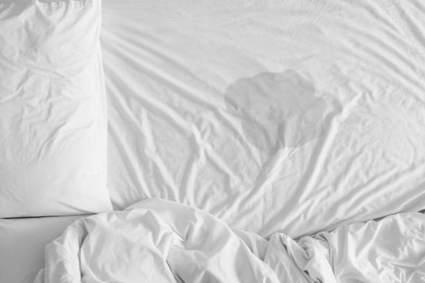 Pee on a bed mattress,Bedwetting sleep enuresis in Adults or baby concept,selected focus at wet on the bed sheet stock photo