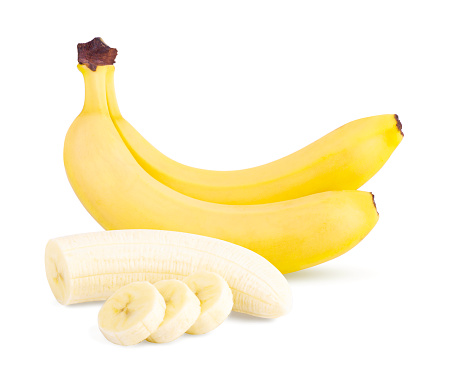 Peeled cut bananas and bunch of yellow banana fruits. isolated on white background