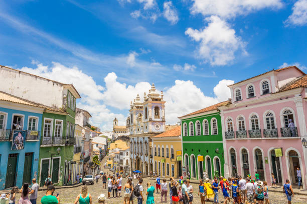 Pelourinho in a clear day in Bahia. A wide picture of the Pelourinho neighborhood in Bahia, Brazil, taken in a bright and beautiful day. Colorful and satured taken with a Canon 6D. pelourinho stock pictures, royalty-free photos & images