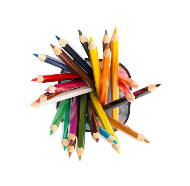 Pencil cup with crayons on white stock photo