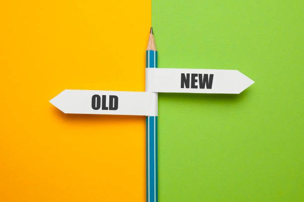 Pencil - direction indicator - choice of old or new way. Progress and new opportunities, motivation and evolution Pencil - direction indicator - choice of old or new way. Progress and new opportunities, motivation and evolution. old vs new stock pictures, royalty-free photos & images