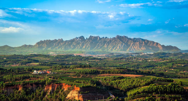 Penedes wine region and Montserrat mountains. Catalonia, Spain stock photo