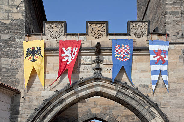 Pennants with the coat  arms of city Prague a tower stock photo