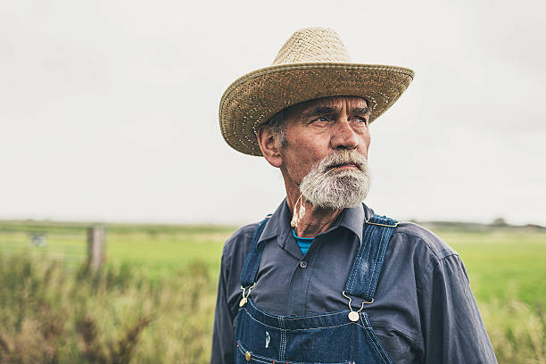 카메라를 향해 미소 짓는 생각에 잠긴 farmer 유클리드의 농장 루킹 대상쪽으로 거리 - 밀짚 모자 뉴스 사진 이미지