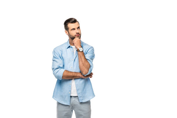 pensive man touching chin Isolated On White with copy space pensive man touching chin Isolated On White with copy space hand on chin stock pictures, royalty-free photos & images