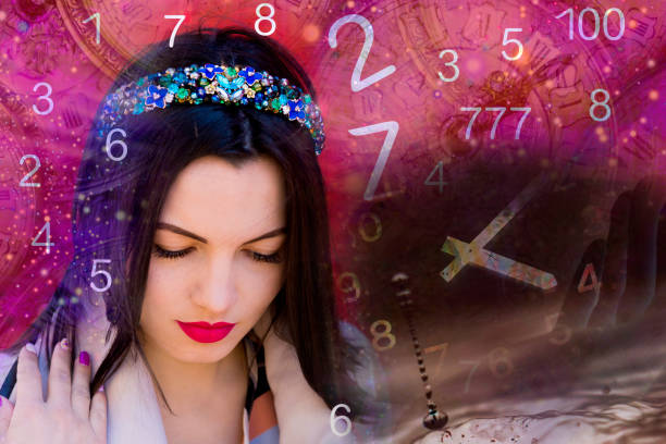 pensive woman surrounded by numbers, numerology - numerologia imagens e fotografias de stock