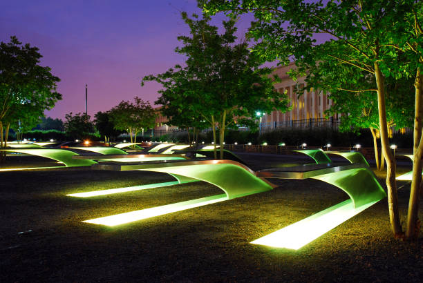 Pentagon September 11 Memorial Arlington, VA, USA June 22, 2012  Lighted benches serve as a memorial, honoring those killed at the Pentagon during the September 11 terrorist attacks. 911 memorial stock pictures, royalty-free photos & images