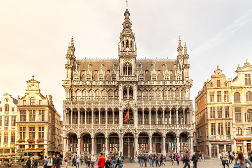 Brussels Belgium - October 10, 2014: People (Visitors or tourists) at Brussels' Town Hall . Brussels City Hall, located on the famous Grand Place - Brussels, Belgium, Europe
