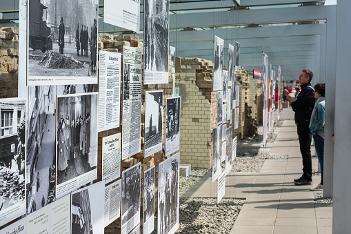 Berlin, Germany - may, 2018: People at the Topography of Terror (German: Topographie des Terrors) outdoor   history museum in Berlin, Germany