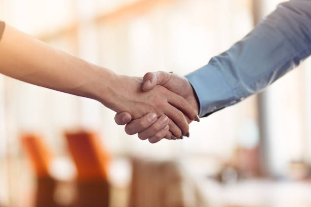 People at work: man and woman hand shaking at a meeting stock photo