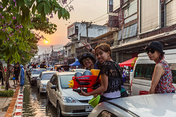 People celebrate in Songkran Festival Day stock photo