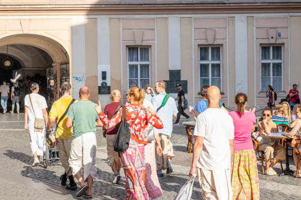 People dancing at the the old Town Square in Prague. stock photo