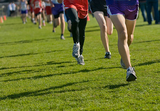 People doing cross country running on grass Group of high school varsity runners cross country running stock pictures, royalty-free photos & images