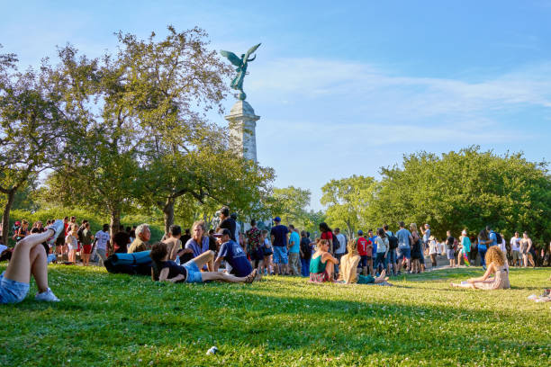 People gathered in the tam tams park or park mount royal in Montreal, Canada. stock photo