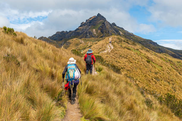 People hiking the Pichincha Volcano, Quito, Ecuador stock photo