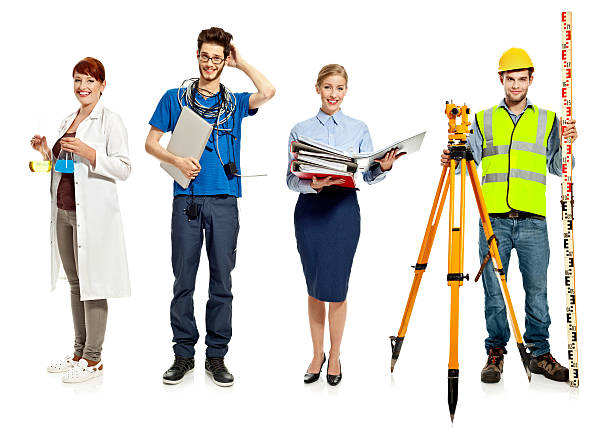 People occupation Collection of people occupation: laboratory, it programmer, accountant and surveyor over white background. same person different outfits stock pictures, royalty-free photos & images