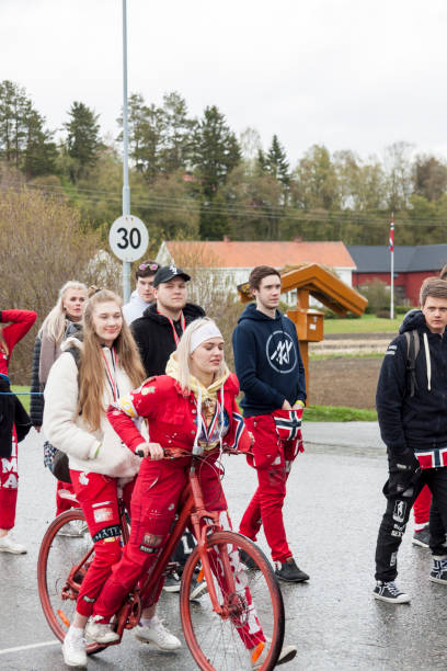 People on parde before school in Verdal, Norway. stock photo