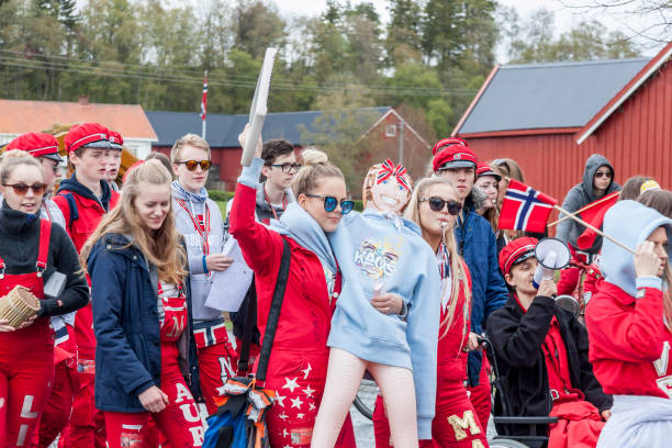 People on parde before school in Verdal, Norway. stock photo