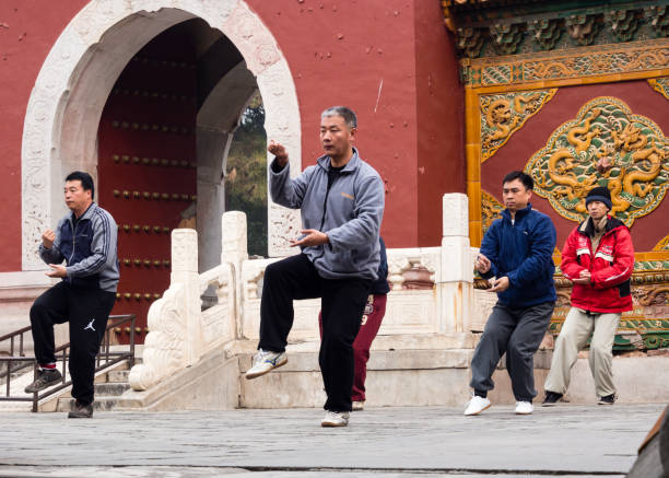 People practicing Taijichuan in Beihai park on a weekend stock photo