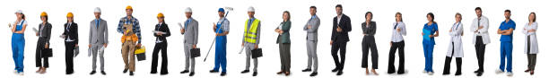 People representing diverse professions Full length portrait of group of people representing diverse professions of business, medicine, construction industry group of objects stock pictures, royalty-free photos & images