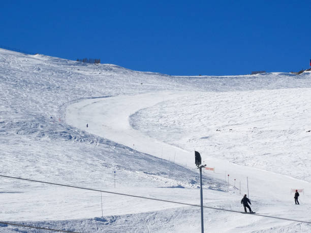 People skiing down the hill in Farellones Chile stock photo