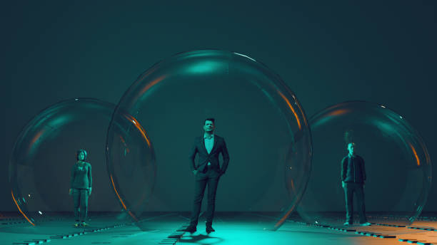 People stand in big bubbles to avoid contact and virus stock photo