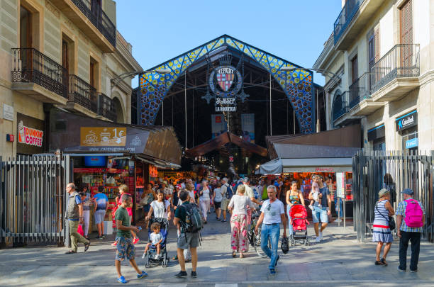 People visit famous Boqueria Market on La Rambla, Barcelona, Spain stock photo