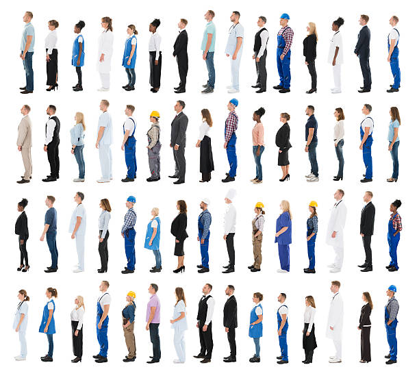 People With Various Profession Standing In Line Collage Of People With Various Profession Standing In Line Against White Background waiting in line photos stock pictures, royalty-free photos & images