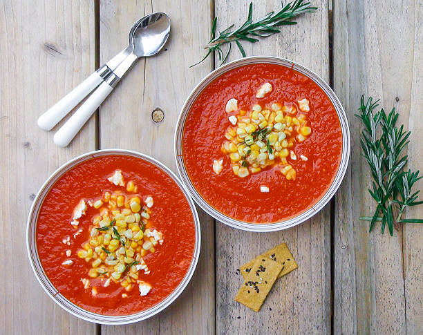 Pepper and Tomato Soup with Corn. stock photo
